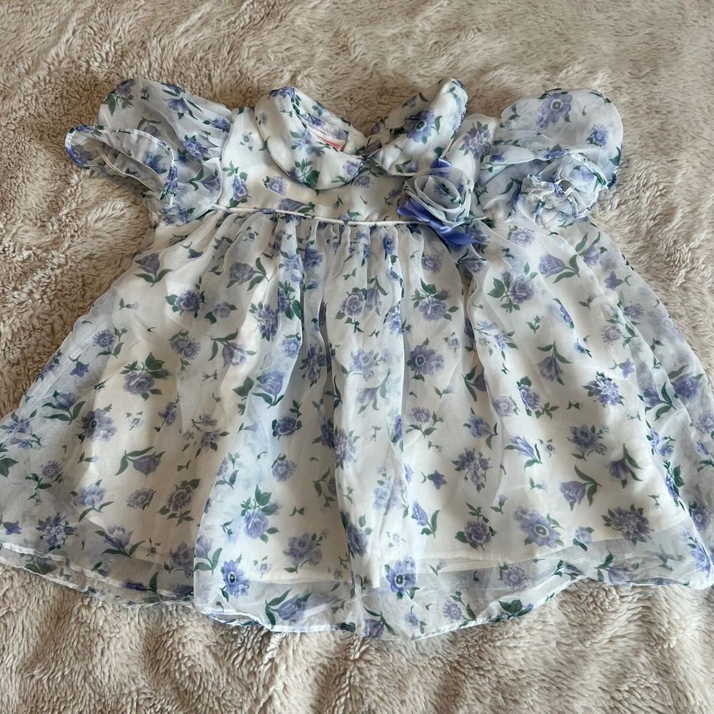 Primrose Pink‎ Vintage 90's Baby Girl Floral Chiffon Dress Puff Sleeve 12M